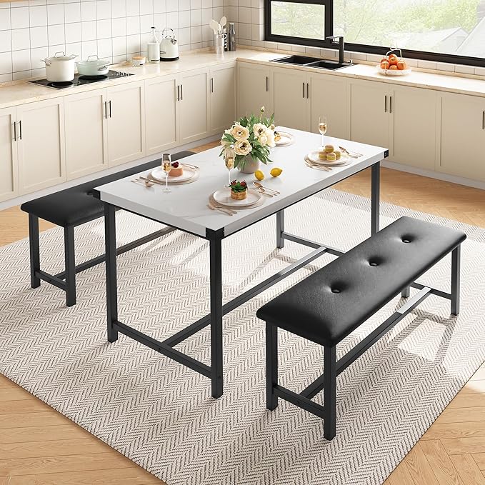 Dining Table Set for 4, Dining Room Table Set with 2 Upholstered Benches, Small Kitchen Table Set, 3 Piece Farmhouse Rectangular Dining Room Table Set, Space Saving Dining Table for Apartment