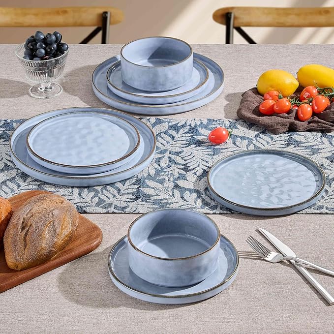 Herogo 12 Pieces Dinnerware Sets for 4, Ceramic Serving Dishes Sets, Stoneware Plates and Bowls for Kitchen Dinning, Dishwasher & Microwave Safe, Haze Blue