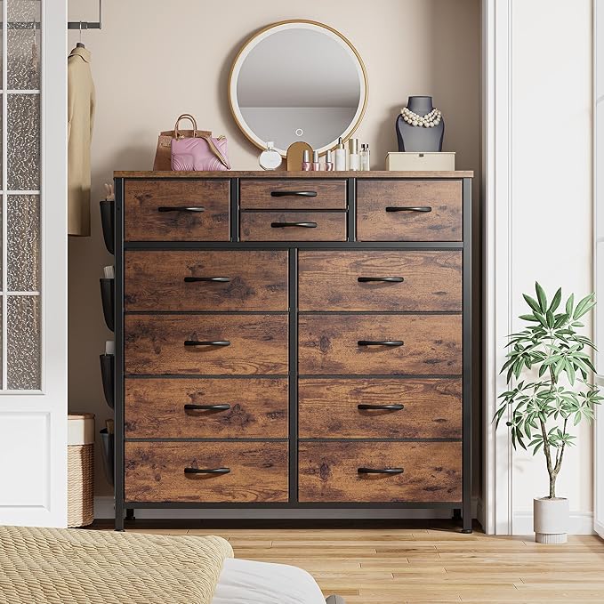 EnHomee Dresser for Bedroom with 12 Drawers, Tall Dressers & Chest of Drawers with Side Pockets, Fabric Dresser for Bedroom, Closet, Hallway, Living Room, Sturdy Metal Frame, Wood Top, Rustic Brown