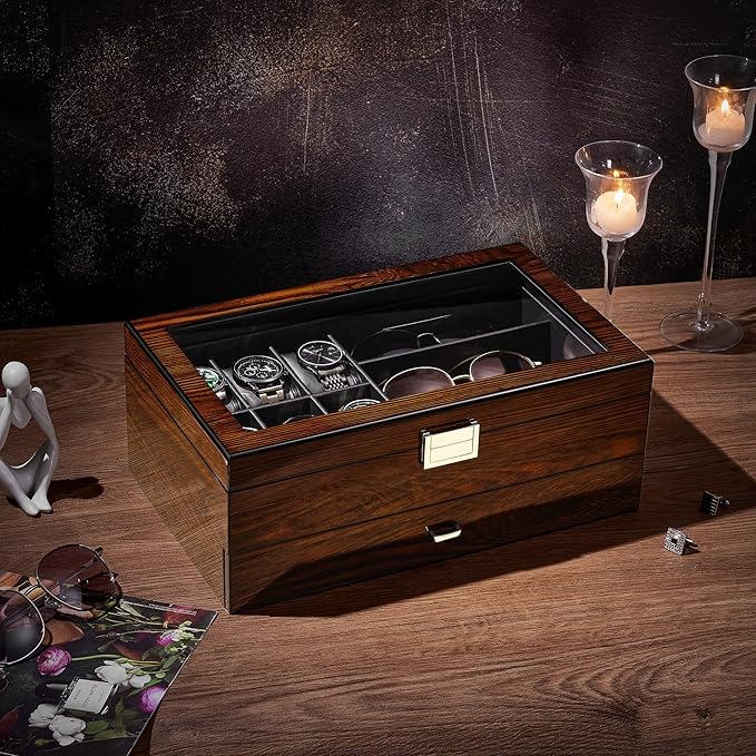 BEWISHOME High-End Watch Box, 6-Slot Watch Case and 3 Glasses Case, 2-Layer Wooden Mens Jewelry Box with Large Glass Lid, Luxury Watch Display Case for Men Watch Storage, PU Leather Interior, Brown