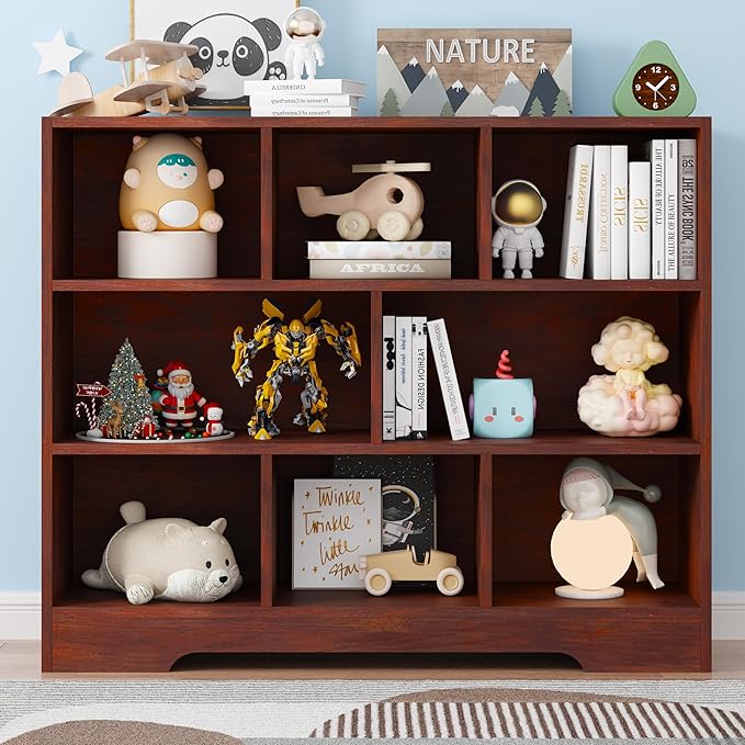 Kids Book Shelf Set of 2, 8 Cubes Storage Organizer Montessori Bookshelf, 3-Tier Wooden Kids Bookcase, Toy Storage Organizer for Children, Cherry Toddler Bookshelf Cube Shelf for Kid’s Room
