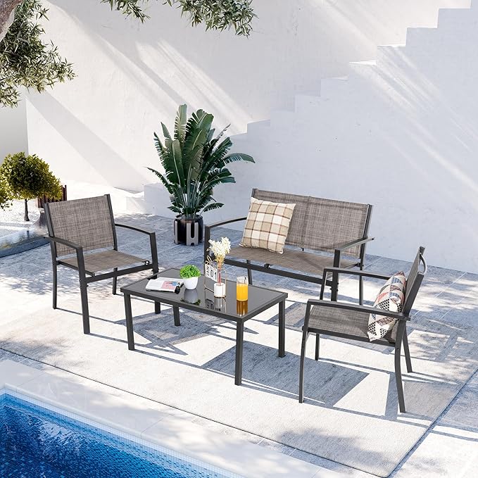 Shintenchi 4 Pieces Patio Furniture Set All Weather Textile Fabric Outdoor Conversation Set, with Glass Coffee Table, Loveseat, 2 Single Chairs for Home, Garden, Lawn, Porch(Tan)
