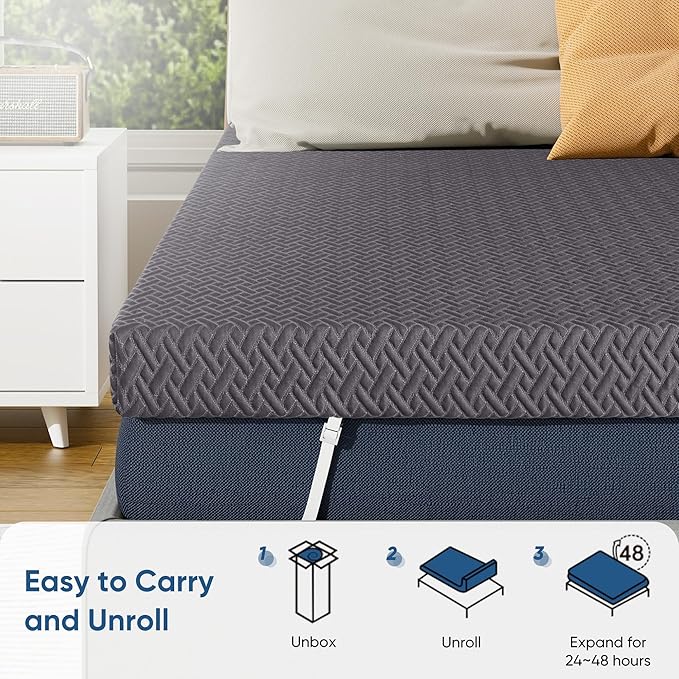 Memory Foam Mattress Topper Queen Size, 3 Inch Gel Infused Cooling Mattress Pad with Breathable Bamboo Cover, Pressure Relief & Machine Washable Bed Topper 60"x80" Black