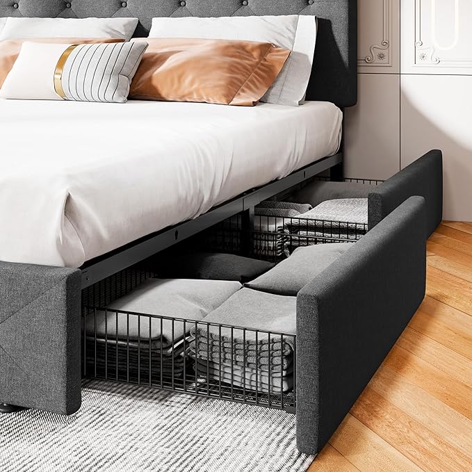 MUTICOR Queen Size Bed Frame with 4 Storage Drawers, Upholstered Platform Bed with Button Tufted Adjustable Headboard, No Box Spring Needed, Easy Assembly, Diamond Tufted, Dark Grey Fabric
