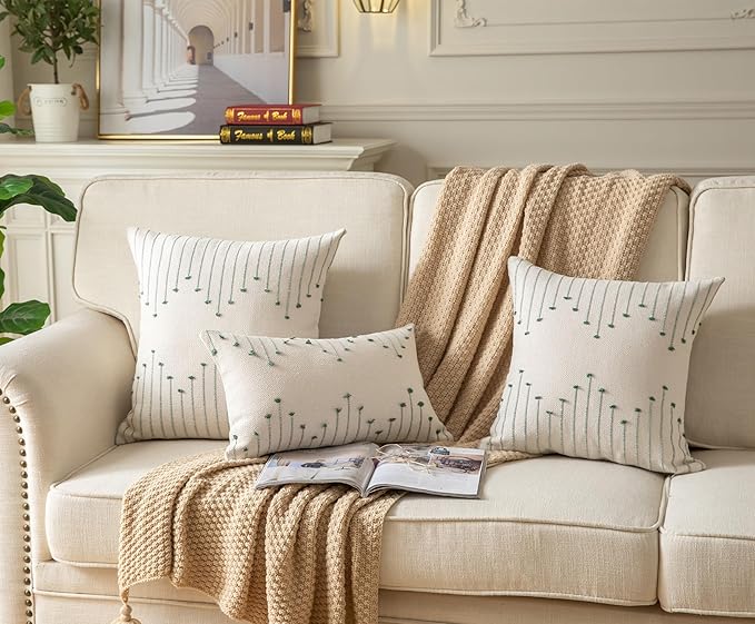 Caflife Boho Throw Pillow Covers 18x18 Set of 2 Decorative Pillows for Bed, Neutral Pillow Covers Beige with Green Line Throw Pillows for Modern Farmhouse Couch Sofa Living Room Outdoor