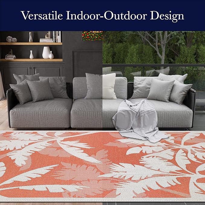 Couristan Monaco Indoor Outdoor Area Rug – Coastal Flora 5'10" x 9'2" in Ivory Orange – Flatwoven, Hose Washable, Pet Friendly Rug for Patio, Porch and Home Decor