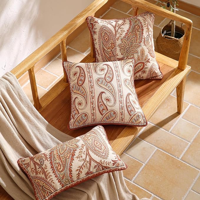 Design Linen Classic Vintage Throw Pillow Covers 12"x20" Pack of 2, Rectangle Cushion Covers with Orange Yellow Paisley Style Pattern Decor Pillowcases for Bed,Living Room,Outdoor,Car