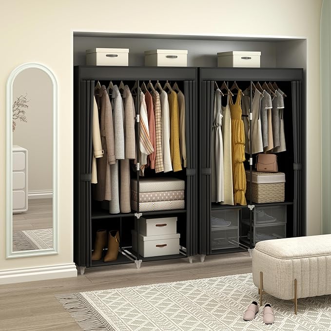Portable Closet Wardrobe for Small Room, 35-Inch Clothing Organizer Storage Rack with 2 Clothes Hanging Rods and 4 Shelves, Non-Woven Fabric Cover, Black