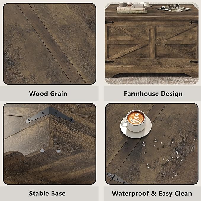 Furnideco 35.5''W Square Coffee Table Farmhouse Lift top Coffee Table with Large Hidden Storage, Wood Center Table for Living Room, Home Office, Brown
