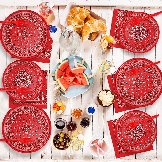 96 Pcs Red Bandana Western Party Plates Napkins Tableware Set Paisley Cowboy Cowgirl Farm Themed Supplies Disposable Dinnerware Western Decoration Favors for Kids Baby Shower Birthday, 24 Guests