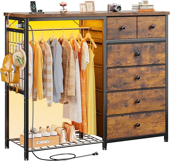 EnHomee 49.2" W Dresser with Hanging Rack & 6 Fabric Drawers – Wooden Top Storage Unit Featuring LED Lights, Charging Station & Grid Panel for Bedroom or Closet, Rustic Brown