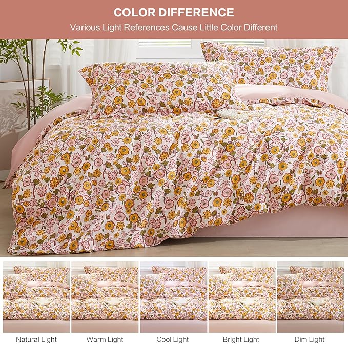 SAPHREAS Pink Floral Duvet Cover Set 3pcs King Size Garden Style Yellow Flowers Bedding Comforter Cover Set 100% Cotton 1 Duvet Cover 104"x90" 2 Pillow Shams, Comforter Not Included