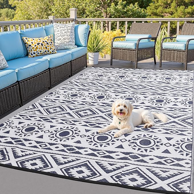 Outdoor Rug Waterproof 9x12 ft, Reversible Outdoor Plastic Straw Rug Patio Rug, RV Rugs for Outside, Outdoor Carpet for Patio Camping Deck Balcony Backyard, Blue & White