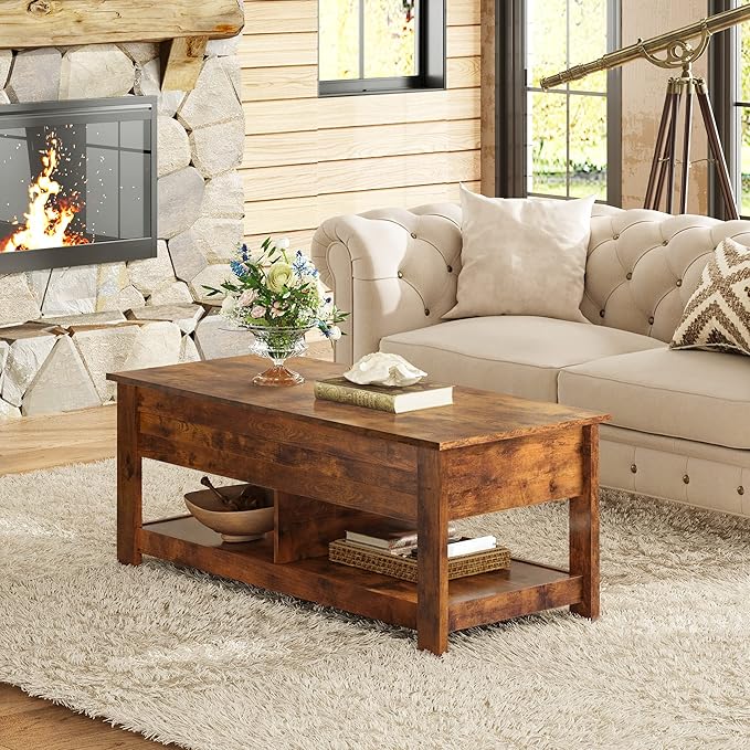 WLIVE Coffee Table, 47" Lift Top Coffee Table with HiddenCompartment and 2 Storage Shelves for Living Room, RusticBrown