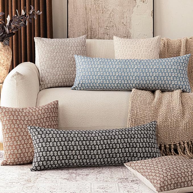 Foindtower Set of 2 Decorative Neutral Body Lumbar Throw Pillow Covers Vintage Accent Farmhouse Cushion Covers Boho Floral Home Decor for Sofa Couch Chair Bedroom Living Room Outdoor,14×36 Inch,Black