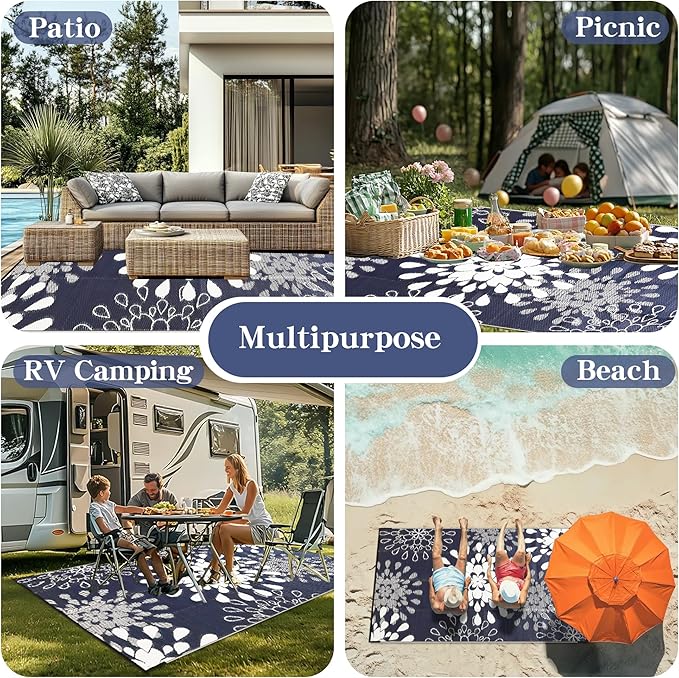 Wallona Outdoor Rugs 5x8 ft Patio Waterproof Clearance Indoor Outdoor Carpet for Patio Plastic Straw Reversible Area Rugs Mat for RV, Camping, Balcony, Beach, Picnic, Porch, Flower Blue & White