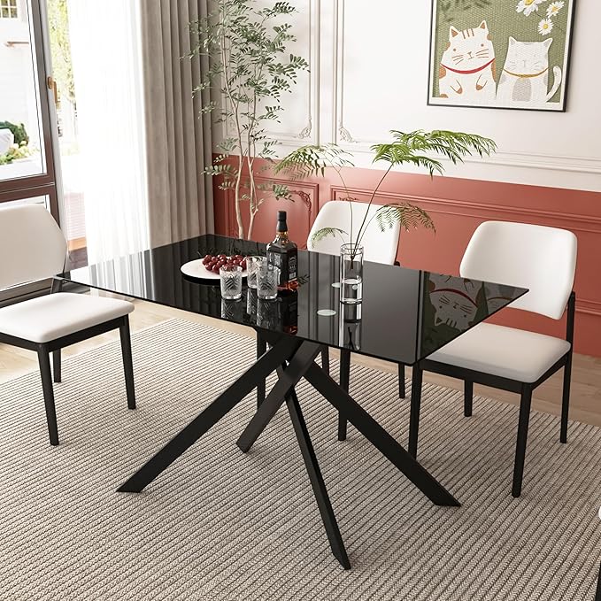 Goujxcy Modern Glass Dining Table Set for 6, Black Glass Kitchen Table and Chairs Set, 7 Piece Dining Room Table Set with 51" Rectangle Dinner Table and 6 White Leather Dining Chairs