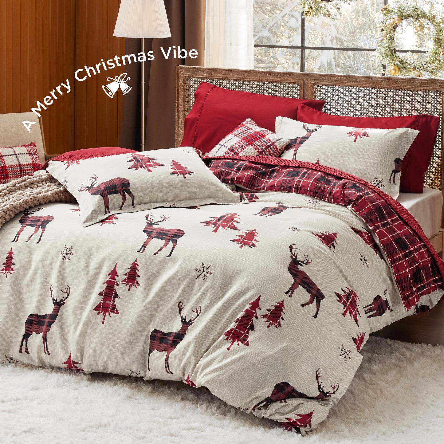 Bedsure King Size Christmas Duvet Cover Set - Festive Bedding Collection Featuring a Reversible Red Plaid Buffalo Check Design, Includes 1 Duvet Cover and 2 Pillow Shams (King, Reindeer)