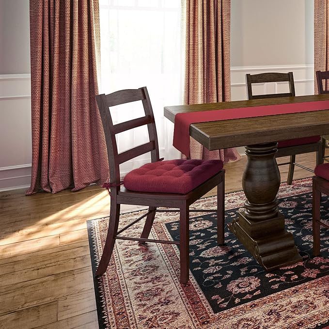 Barnett Home Decor Chenille Rib Claret Red Dining Chair Cushions with Ties - 16.5 x 18 Size Medium Chair Pad - Latex Foam Fill, Reversible - Made in USA