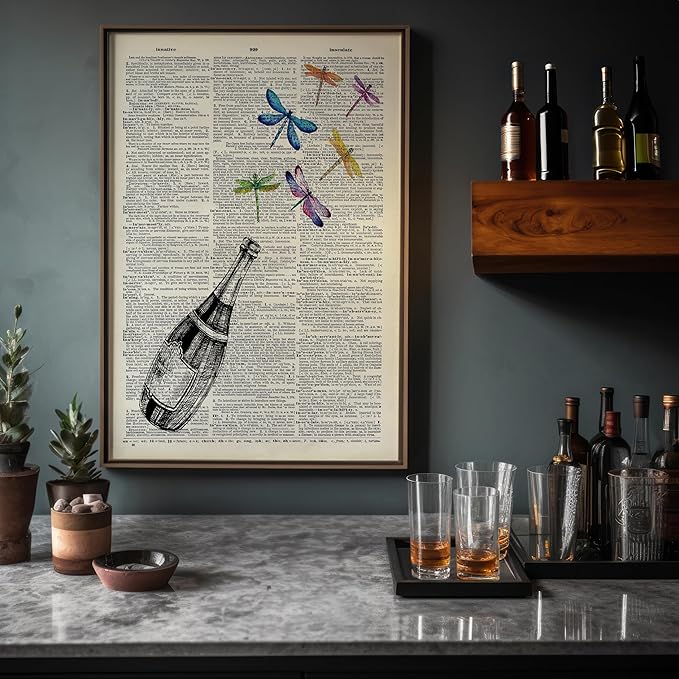 Poster Master Dictionary Art Poster - Champagne Bottle Print - Dragonfly Art - Alcohol Art - Gift for Men, Women & Bartender - Great Decor for Bar, Kitchen or Restaurant - 8x10 UNFRAMED Wall Art