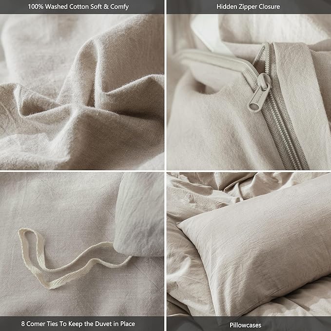 MooMee Bedding Duvet Cover Set 100% Washed Cotton Linen Like Textured Breathable Durable Soft Comfy (Heathered Tannish Linen Grey, Super King Plus 120"x120")
