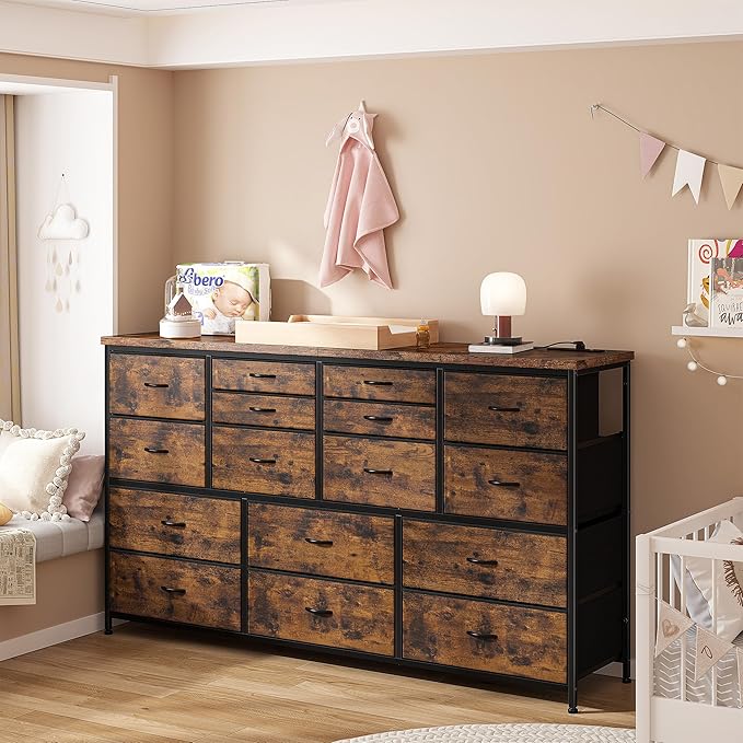 EnHomee Dressser for Bedroom Dresser with 16 Drawers TV Stand for Bedroom for 60" TV Long Dressers & Chests of Drawers Large Dresser with Charging Station, 51.5" W*11.7" D*34.6" H, Rustic Brown