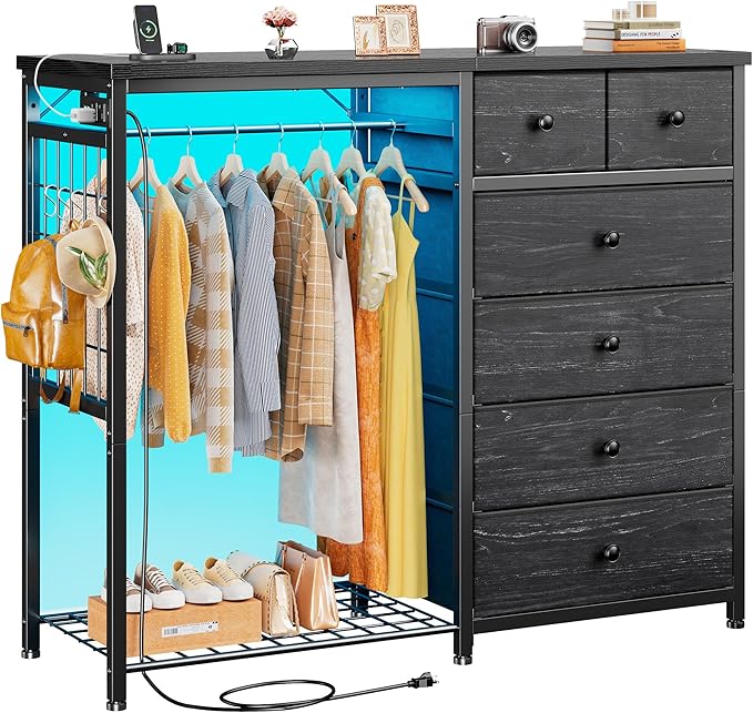 EnHomee 49.2" W Dresser for Bedroom with Hanging Rack 6 Drawers Dresser with LED Lights & Charging Station, Fabric Dressers & Chest of Drawers with Clothes Rack, Wooden Top, Grid Panel, Closet, Black