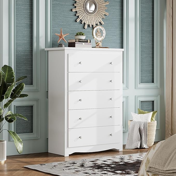 WLIVE White 5 Drawer Wood Dresser, Wooden Chest of Drawers for Bedroom, Storage Cabinet and Organizer Drawers for Living Room, Hallway, Closet, Measuring 15.75" W*31.50" D*45.35" H