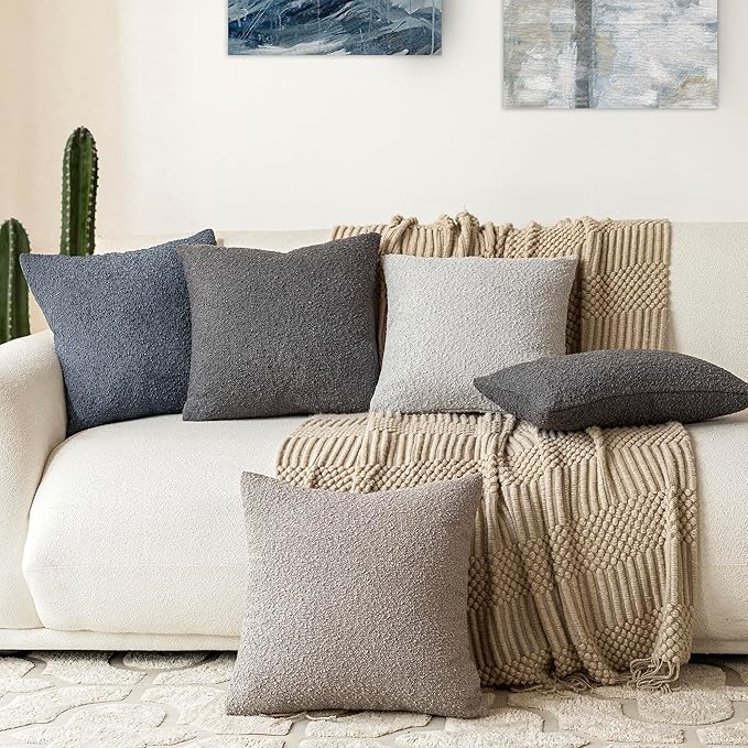 Foindtower Set of 2, Decorative Textured Boucle Throw Pillow Covers Accent Solid Pillow Cases Neutral Soft Cozy Couch Cushion Case for Chair Sofa Bedroom Living Room Home Decor 24 x 24 Inch Dark Grey