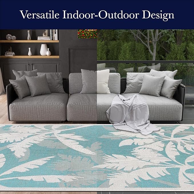 Couristan Monaco Indoor Outdoor Area Rug – Coastal Flora 2' x 3'7" in Ivory Turquoise – Flatwoven, Hose Washable, Pet Friendly Rug for Patio, Porch and Home Decor