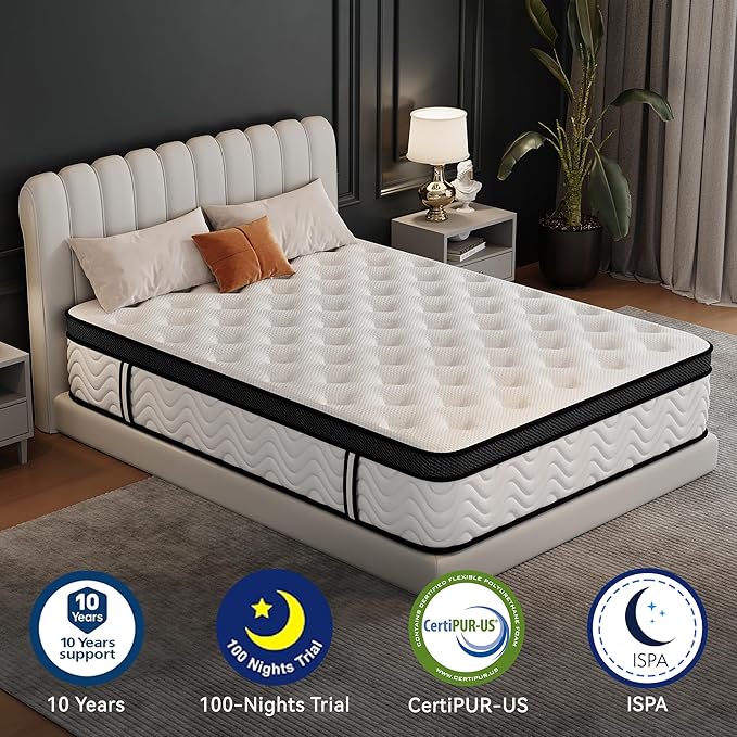 King Size Mattress, 12 Inch King Memory Foam Mattress in a Box, Hybrid mattresses with Independent Pocket Coils for Motion Isolation & Silent Sleep, Medium Firm, CertiPUR-US,100 Nights Trial