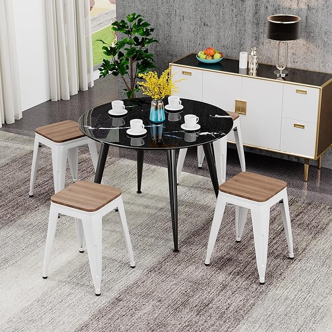 Andeworld 18 Inch Stools Set of 4,Industrial Metal Dining Chair with Wooden Seat,Short Kitchen Bar Stools Stackable for School,Classroom,Cream White