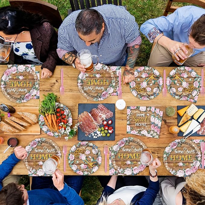 96 Pcs House Warming Decoration Party Plates Napkins Tableware Set Housewarming Paper Party Supplies Disposable Dinnerware Sweet Home Rustic Floral Party Decoration Favors for New House, 24 Guests