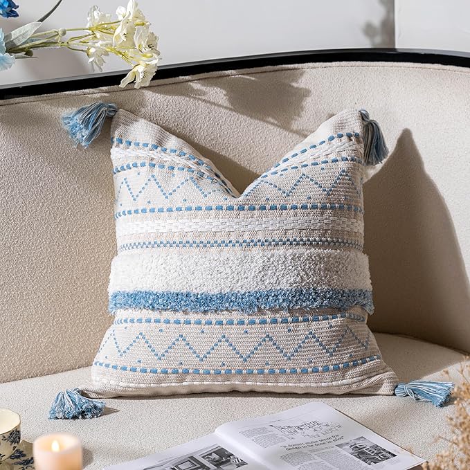 Blue Decorative Throw Pillow Cover 18x18 Square Boho Neutral White Accent Pillowcase Tassels Farmhouse Cushion for Couch Sofa Bedroom Living Room Home Décor (Cover ONLY, Pack of 1)