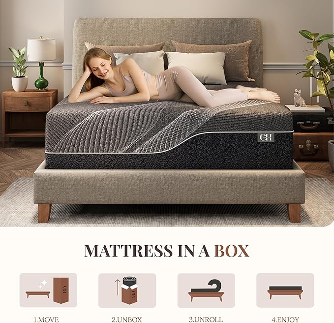 CH CHARME HOUSE 14 Inch Twin Mattress, Bamboo-Charcoal Memory Foam Mattress, Cooling & Pressure Relief, Bed in a Box, Foam Made in USA & CertiPUR-US Certified, 38"x75"x14", Black