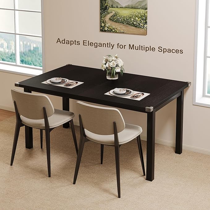 Extendable Dining Table for 4-6, 63" Modern Kitchen Table, Farmhouse Dining Room Tables for Dining, Kitchen, Office, Living Room, Rectangular Wooden Tables, Space Saving (Black)