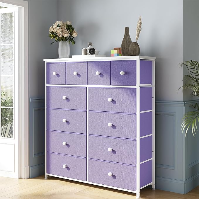 Dresser for Bedroom with 12 Drawers Tall Dressers for Bedroom Fabric Dressers & Chest of Drawers with Sturdy Metal Frame, Wood Top, for Woman, Closet, 40.6" W x 11.8" D x 44.5" H (Purple)