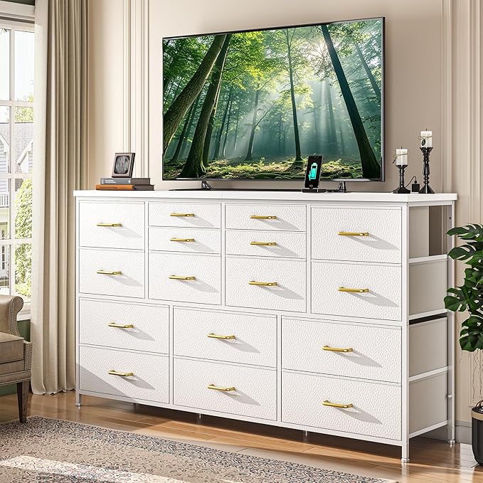 Dresser for Bedroom with 16 Fabric Drawers Long Dresser with Charging Station TV Stand for 60" TV Dressers & Chest of Drawers for Bedroom, Living Room, Closet, White