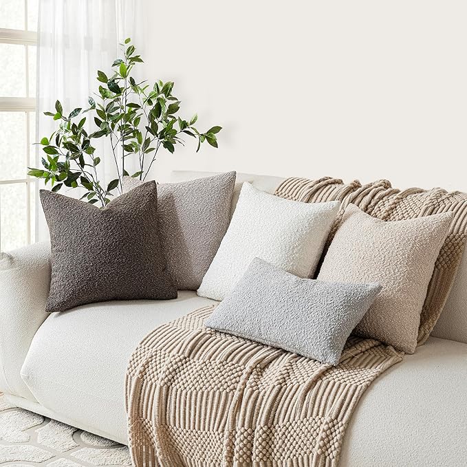 Foindtower Set of 2, Decorative Textured Boucle Throw Pillow Covers Accent Solid Pillow Cases Neutral Soft Cozy Couch Cushion Case for Chair Sofa Bedroom Living Room Home Decor 26 x 26 Inch Light Grey