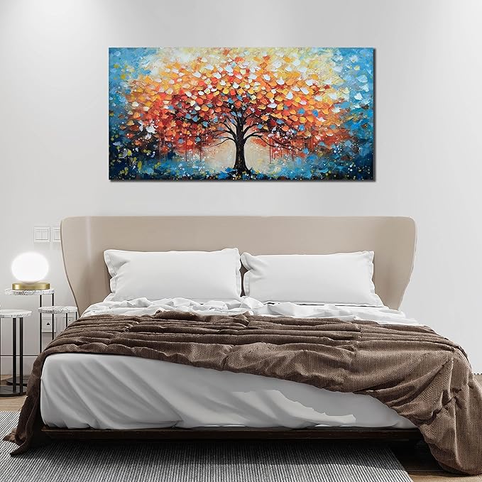 Zoyotago Large Canvas Wall Art for Living Room Bedroom Home Office Orange Yellow Tree of Life Wall Art Modern Hand-painted Oil Painting Size 29x59