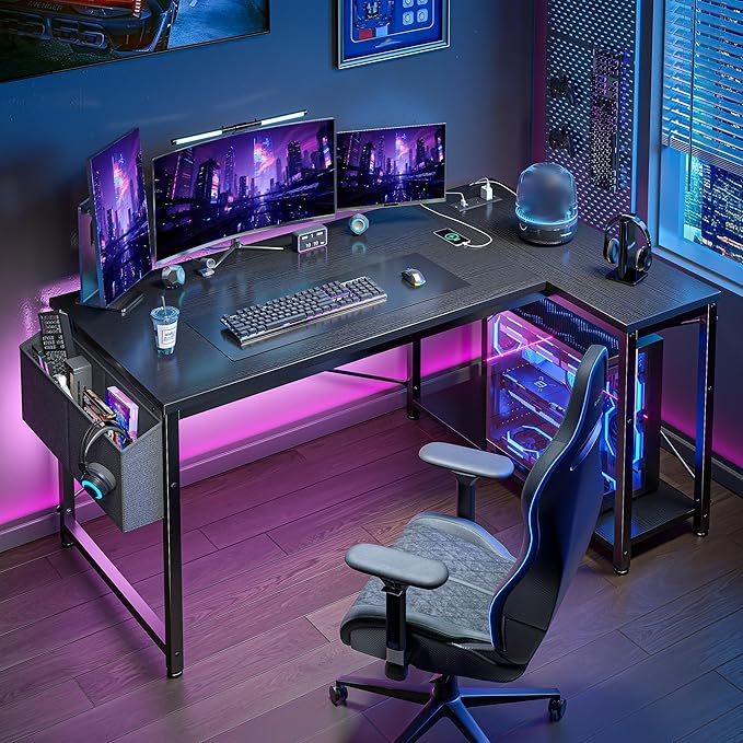 EnHomee Small Computer Desk with Storage Shelves & Side Bag, 40 Inch L Shaped Gaming Desk with Power Outlets, Corner Desk Study Writing Table for Home Office Bedroom Living Room, Black