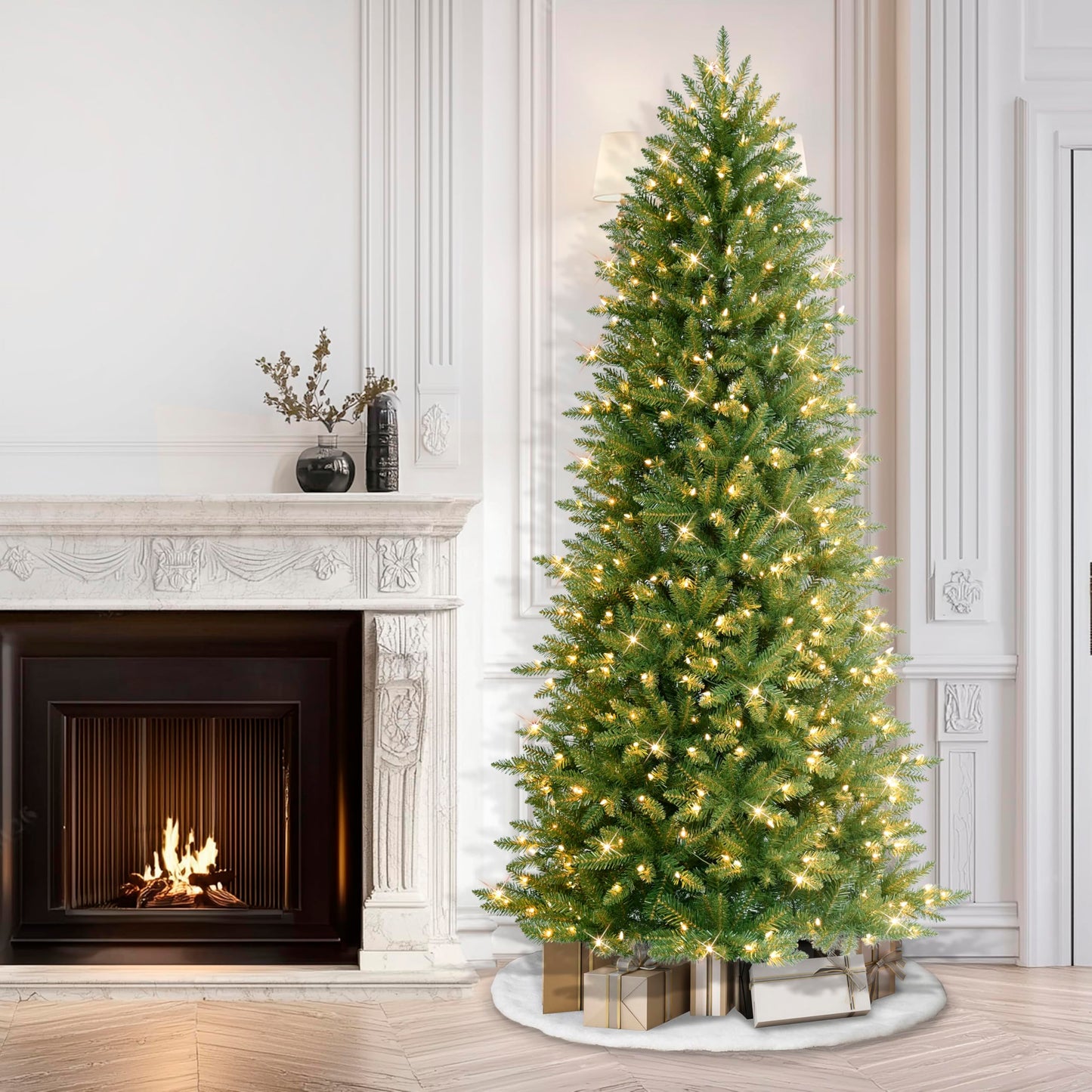 Puleo International 7.5ft Pre-Lit Slim Fraser Christmas Tree with 600 Clear Lights, 1347 Realistic Dense Branch Tips, Easy Setup Artificial Trees with Sturdy Metal Stand