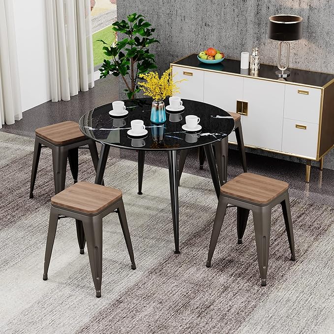 Andeworld 18 Inch Stools Set of 4,Industrial Metal Dining Chair with Wooden Seat,Short Kitchen Bar Stools Stackable for School,Classroom,Rusty