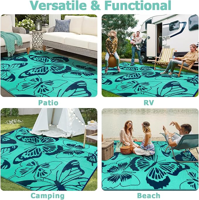 Beeiva Butterfly 6x9 Outdoor Rugs for Patios, Reversible Plastic Patio Rugs Outdoor Waterproof 6 x 9, Outdoor Rug Waterproof for Picnic Backyard Balcony Porch Beach Camping Deck - Teal