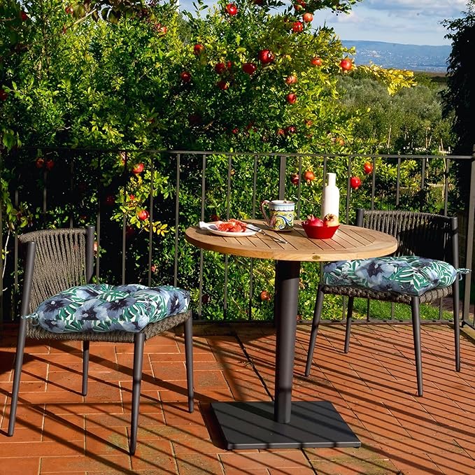 Set of 2 Outdoor Chair Cushions 19"x19"x4",Water Repellent Tufted Seat Cushions with Ties, Replacement Thick Chair Pads for Wicker Dining and Patio Furniture - Blue Salmone Tropical