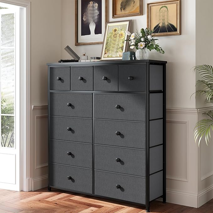 Dresser for Bedroom with 12 Drawers Tall Dressers for Bedroom Fabric Dressers & Chest of Drawers with Sturdy Metal Frame, Wood Top, for Woman, Closet, 40.6" W x 11.8" D x 44.5" H (Dark Grey)