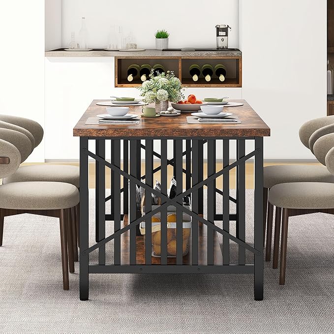 DWVO 70.8" Large Kitchen Dining Table for 6-8 People, Farmhouse Industrial Kitchen Table with Storage, Rectangle Apartment Dinning Room Dinette Tables for Eating Dinner, Rustic Brown