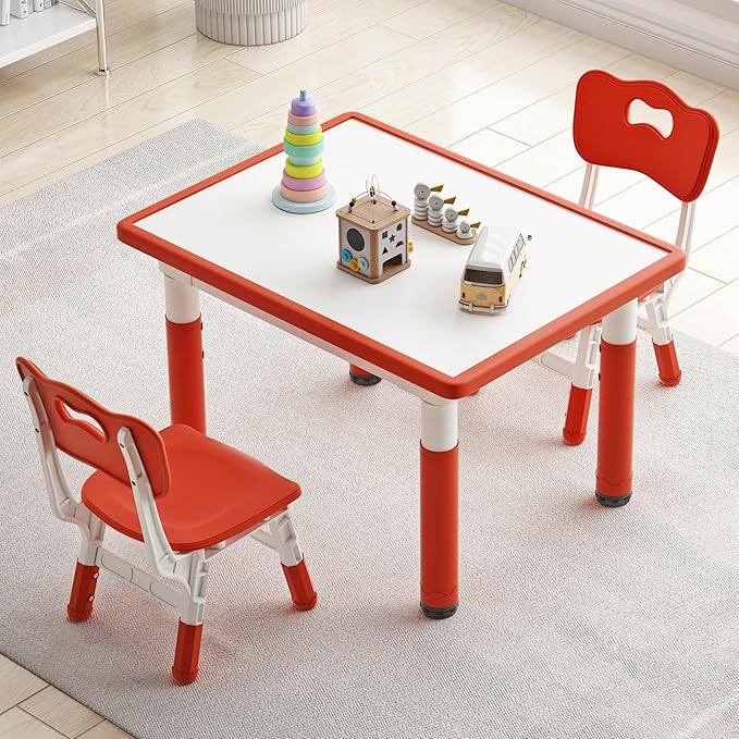 Toddler Table and 2 Chairs, Kids Table and Chair Set Height Adjustable, 31.5''L x 23.6''W Multifunctional Graffiti Desktop for Reading, Drawing, Eating, for Girls & Boys Age 2-10, Red