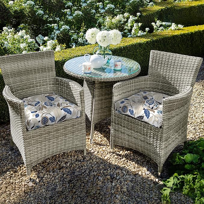 Set of 2 Outdoor Tufted Chair Cushions 19"x19"x4", Water Repellent Patio Seat Cushions with Ties, Replacement Chair Pads for Wicker Dining and Patio Furniture - Breeze Leaves Beige