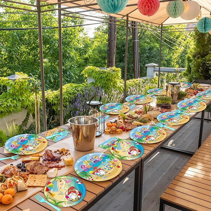 96 Pcs Hello Summer Beach Party Plates Napkins Tableware Set End of School Year Pool Party Birthday Supplies Disposable Dinnerware School's Out Gnome Themed Decoration Favors for Kids, 24 Guests